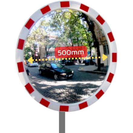 Convex exterior circular mirror with red and white acrylic frame Ø500mm