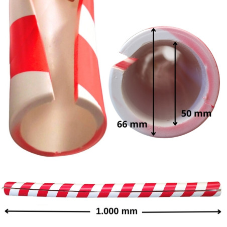 Protección tubular roja/blanca de poliuretano. Longitud 1000 x Ø exterior 66 mm. Ø interior 50 mm.