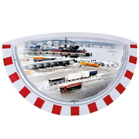 Specchio convesso esterno a 1/4 di sfera con cornice rossa bianca e parasole bianco. Disponibile in diverse misure.