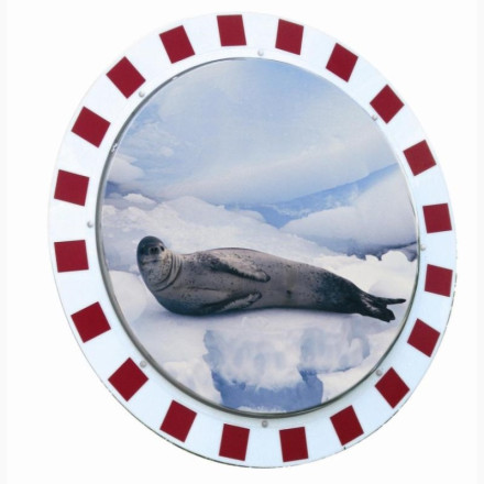 Convex exterior mirror with red and white frame. Available in different sizes.