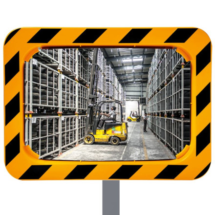 Multi-purpose convex mirror with a yellow and black frame available in various sizes.