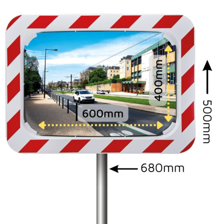 Rectangular exterior convex mirror with red and white frame. Different sizes
