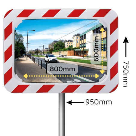 Miroir convexe extérieur rectangulaire avec cadre rouge et blanc. Différentes tailles