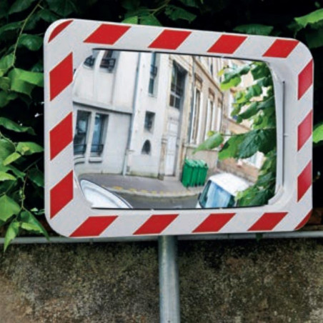 Miroir convexe extérieur rectangulaire avec cadre rouge et blanc. Différentes tailles