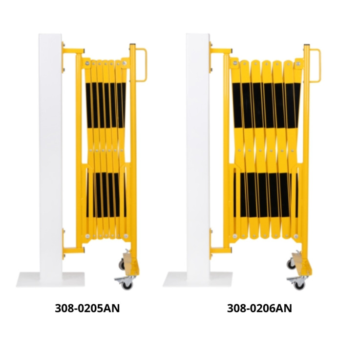 Extendable steel barrier with wheels. To attach to walls, shelves, etc. Yellow/black.