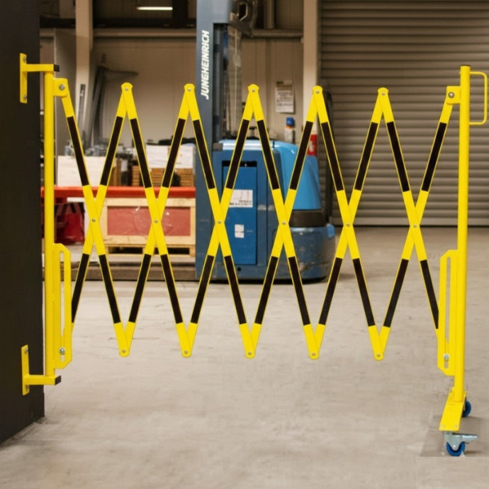 Barrière extensible en acier avec roues. Pour fixer au mur, étagères, etc. Jaune/noir