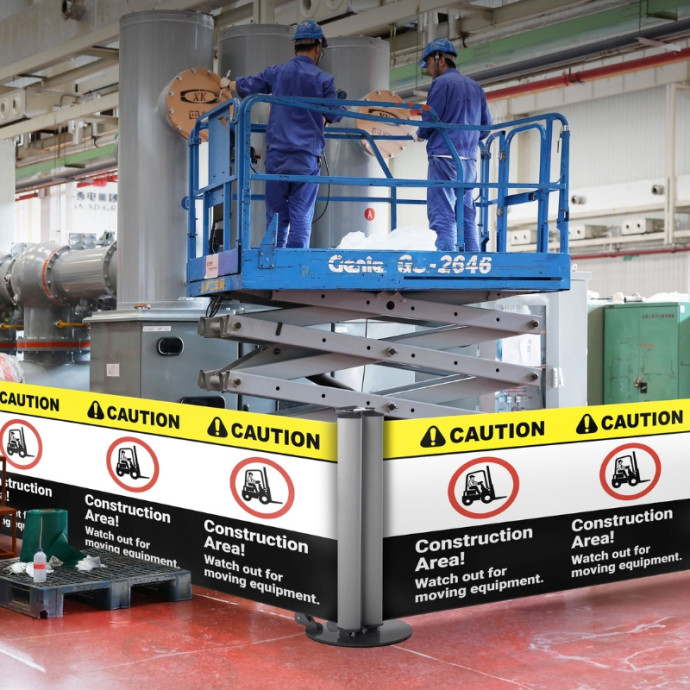 Barrera doble retráctil de delimitación con ruedas. Cartel de lona microperforada o vinilo. Diferentes opciones.