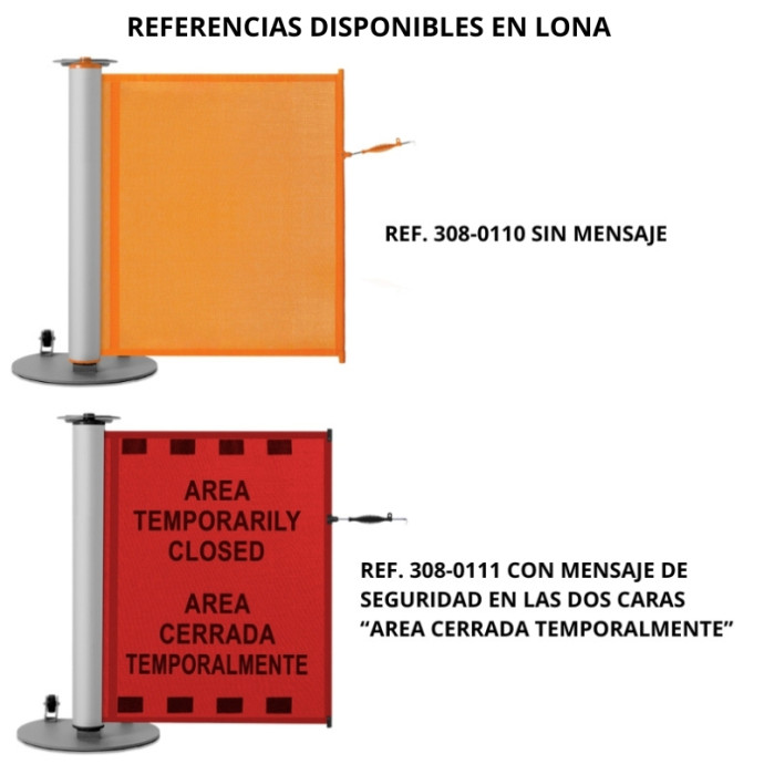 Barrera individual retráctil de delimitación con ruedas. Cartel de lona microperforada o vinilo. Diferentes opciones.