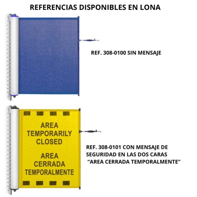 Barrera retráctil fija de delimitación. Cartel de lona microperforada o vinilo. Diferentes opciones.
