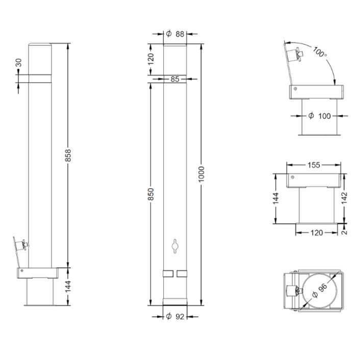Removable metal bollard WITH base, 1000xØ90mm