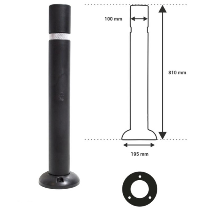 Flexible polyethylene bollard with base, 810xØ100mm