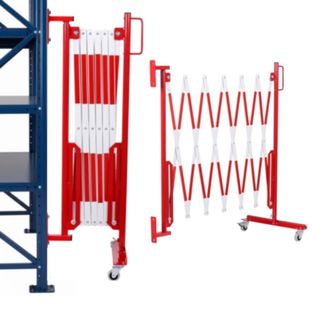 Extendable steel barrier with wheels. To attach to walls, shelves, etc. White/red.