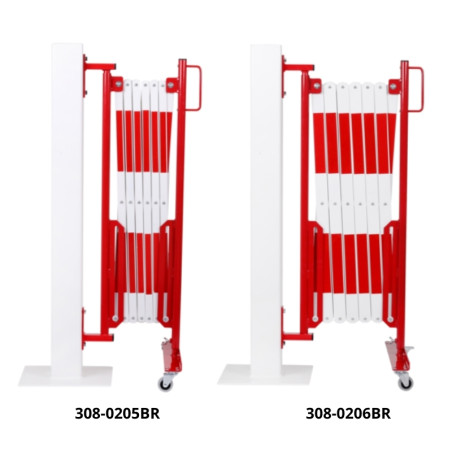 Extendable steel barrier with wheels. To attach to walls, shelves, etc. White/red.