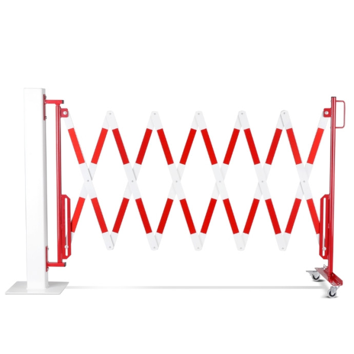 Barreira extensível de aço com rodas. Para fixar na parede, prateleiras, etc. Branca/vermelha.