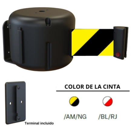Fita extensível listrada de poliéster de 7 metros com caixa plástica para parafusar e suporte para sua instalação.