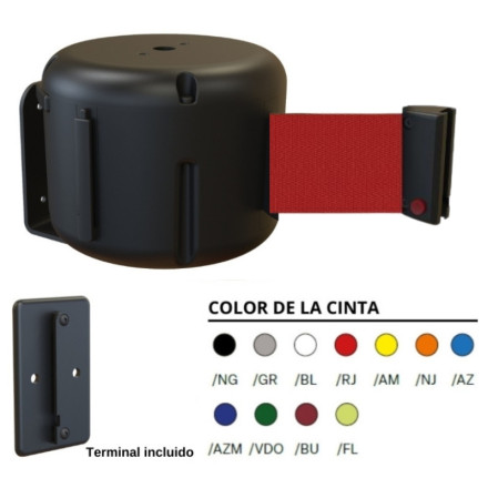 7-meter long plain polyester textile measuring tape with plastic housing and support for mounting.