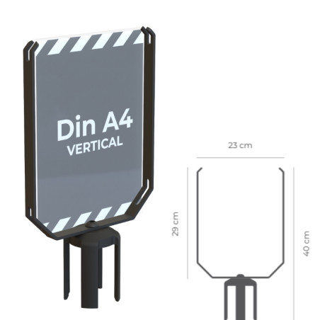 Sign holders for Ø70 mm poles. Available in A3 and A4 sizes, horizontal or vertical.