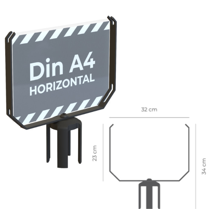 Sign holders for Ø70 mm poles. Available in A3 and A4 sizes, horizontal or vertical.