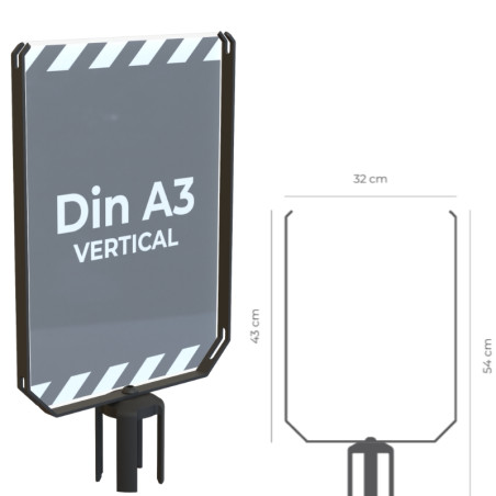Sign holders for Ø70 mm poles. Available in A3 and A4 sizes, horizontal or vertical.