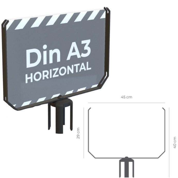 Sign holders for Ø70 mm poles. Available in A3 and A4 sizes, horizontal or vertical.