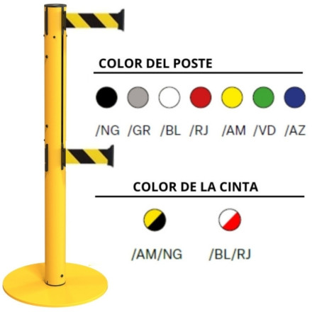 Poste e base metálica com duplo carretel de fita listrada de 3 metros disponível em diferentes cores.