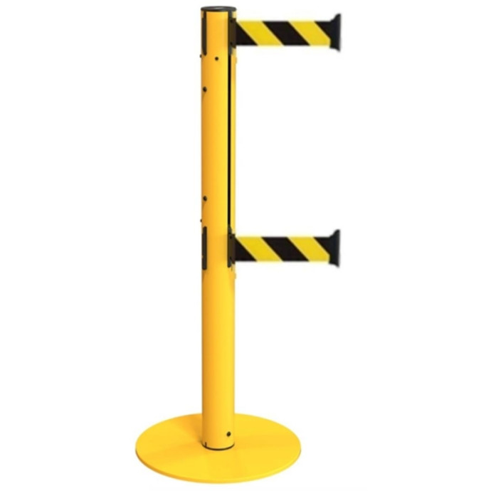 Poste e base metálica com duplo carretel de fita listrada de 3 metros disponível em diferentes cores.
