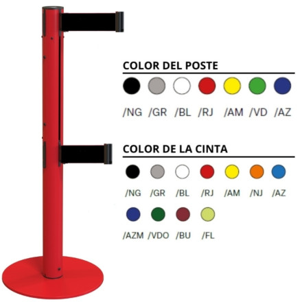 Poste e base metálica com duplo carretel de fita de 3 metros disponível em diferentes cores.