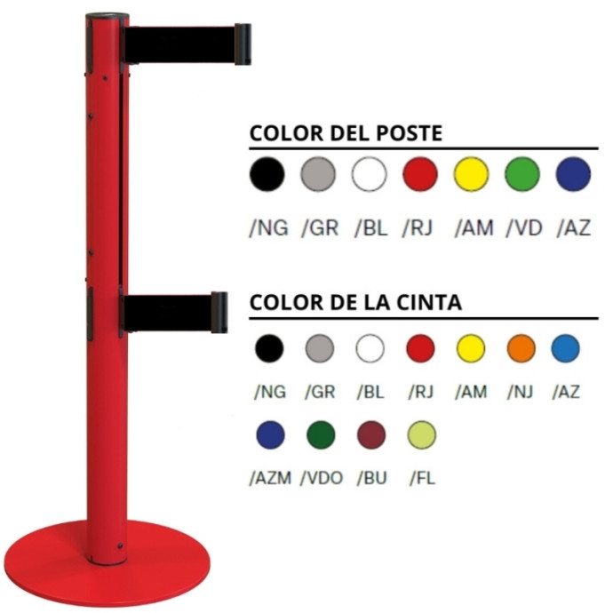 Poste y base metálico con doble carrete de cinta lisa de 3 metros disponible en diferentes colores