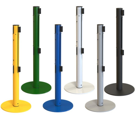 Poste y base metálico con doble carrete de cinta lisa de 3 metros disponible en diferentes colores