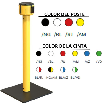 Poste de PVC reciclado e base preta de aço com fita de 10 metros. Diferentes cores.