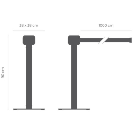 Poste de PVC reciclado e base preta de aço com fita de 10 metros. Diferentes cores.