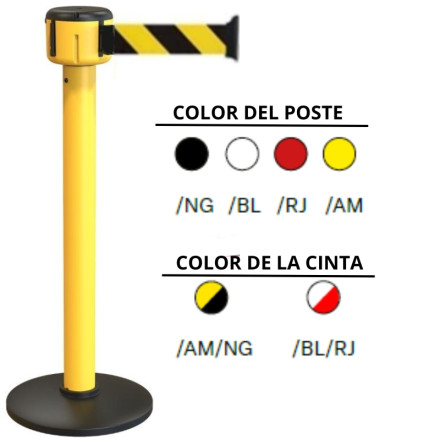 Post made of 100% recycled PVC with a black PVC base and a 6-meter striped tape. Available in different colors.