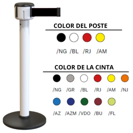 Poste de PVC 100% reciclado com base preta de PVC e fita lisa de 6 metros. Disponível em diferentes cores.