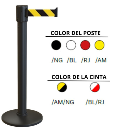 Poste de PVC 100% reciclado com base preta de PVC e fita listrada de 3 metros. Disponível em diferentes cores.