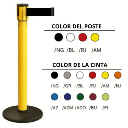 Poste de PVC 100% reciclado com base preta de PVC e fita de 3 ou 6 metros. Disponível em diferentes cores.