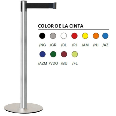 Satin-finished stainless steel post and base with 3-meter plain color ribbon.