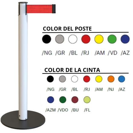Poste metálico e base plástica econômica com fita de 3 metros disponível em diferentes cores.