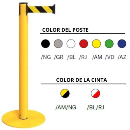 Poste e base metálicos com fita listrada de 3 metros disponíveis em diferentes cores.