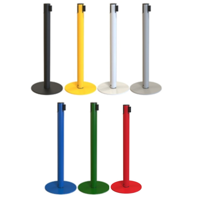Poste e base metálicos com fita listrada de 3 metros disponíveis em diferentes cores.