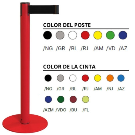 Metallic post and base with 3-meter tape available in different colors.