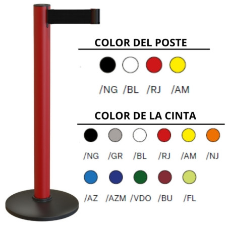 Poste de PVC reciclado e base preta preenchida com material plástico reciclado com fita de 2,5 metros de cor lisa.