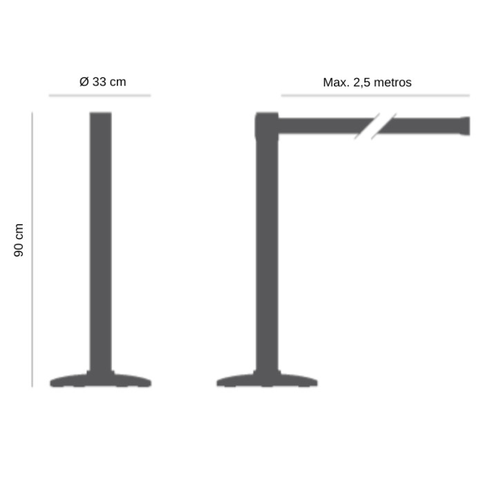 Poste de PVC reciclado e base preta preenchida com material plástico reciclado com fita de 2,5 metros de cor lisa.