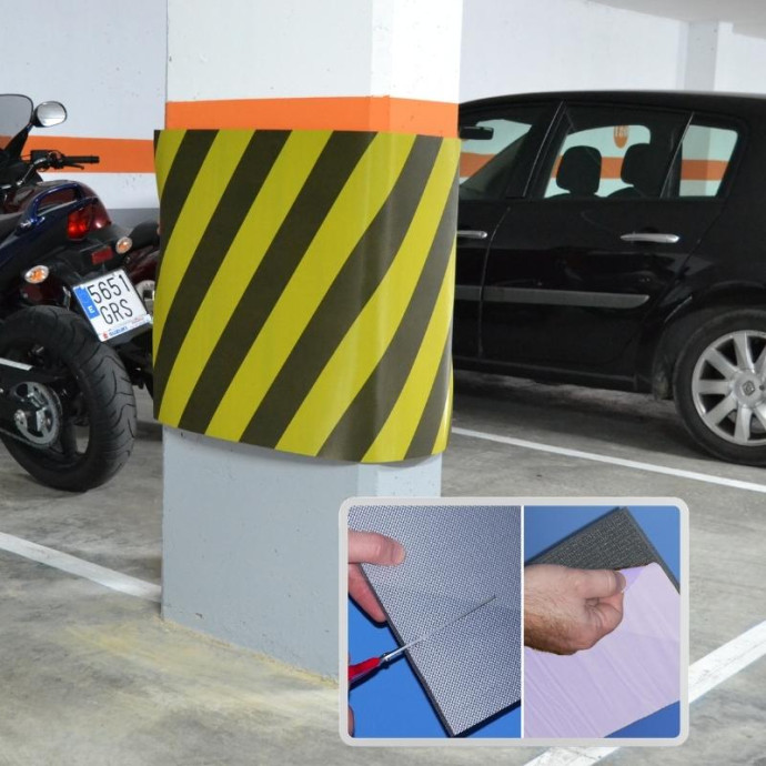 Chapa protetora para parede e coluna de garagem, amarela/preta 1000x660x10 mm.