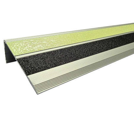 Profilo scala in alluminio color argento 1000x66x30mm antiscivolo nero fotoluminescente