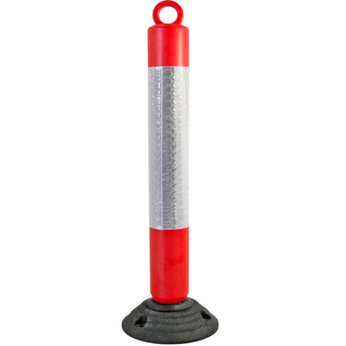 Poteau rabattable en PVC rouge avec bandes réfléchissantes. Hauteur de 920 mm.