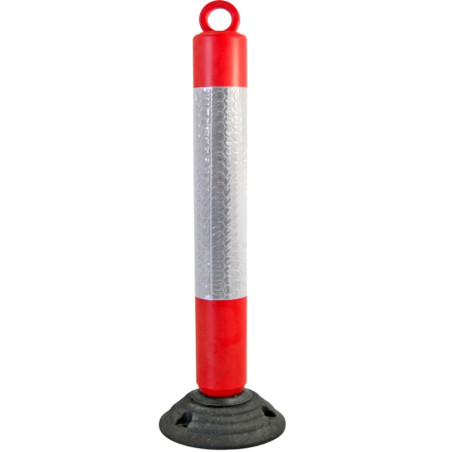 Poteau rabattable en PVC rouge avec bandes réfléchissantes. Hauteur de 920 mm.