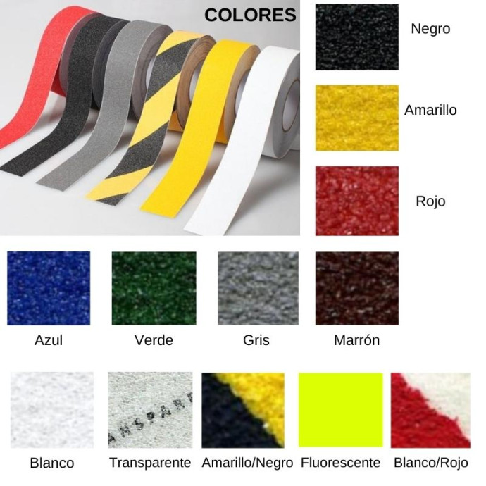 Fita adesiva antiderrapante. Rolo 18000x50mm Disponível em diferentes cores e granulações.